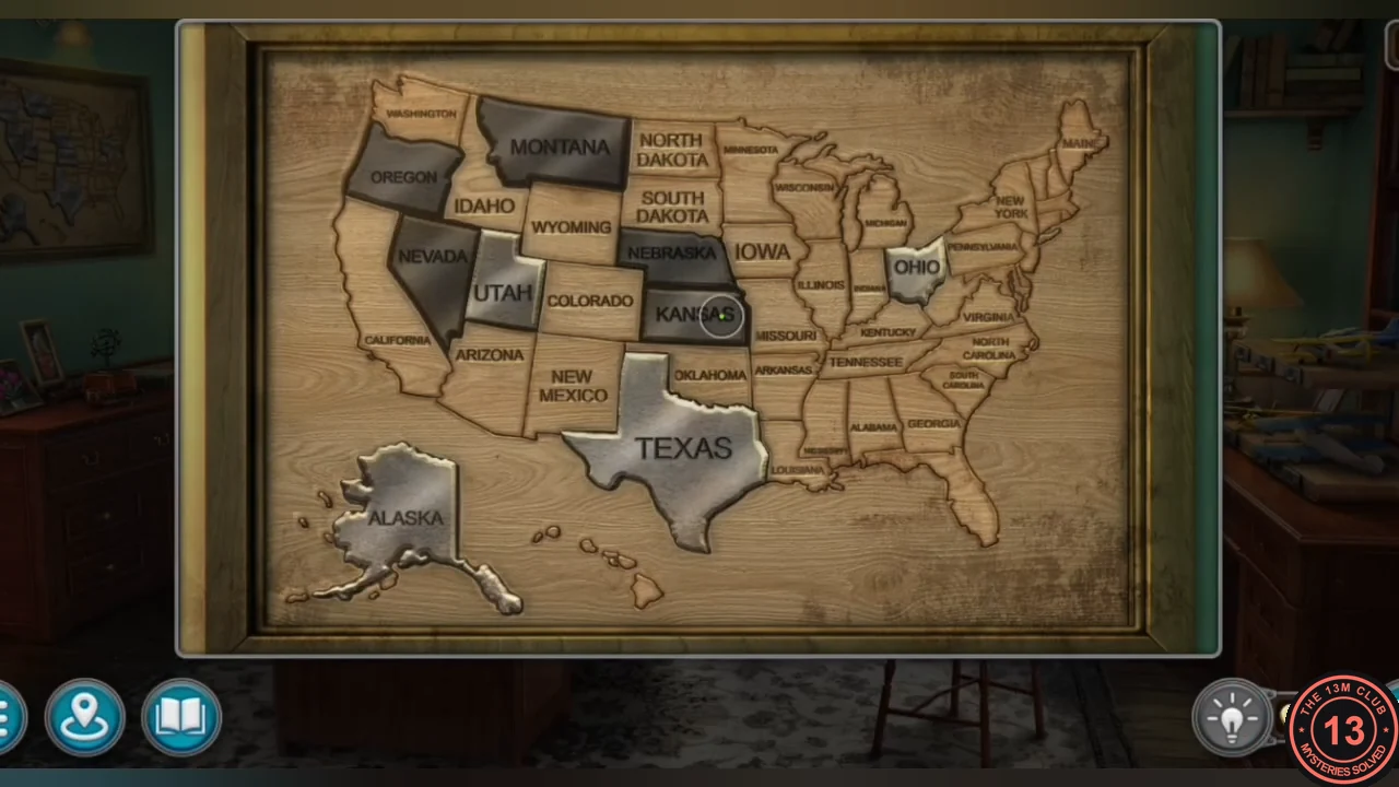 US map with Oregon, Montana, Nevada, Nebraska and Kansas pressed dark