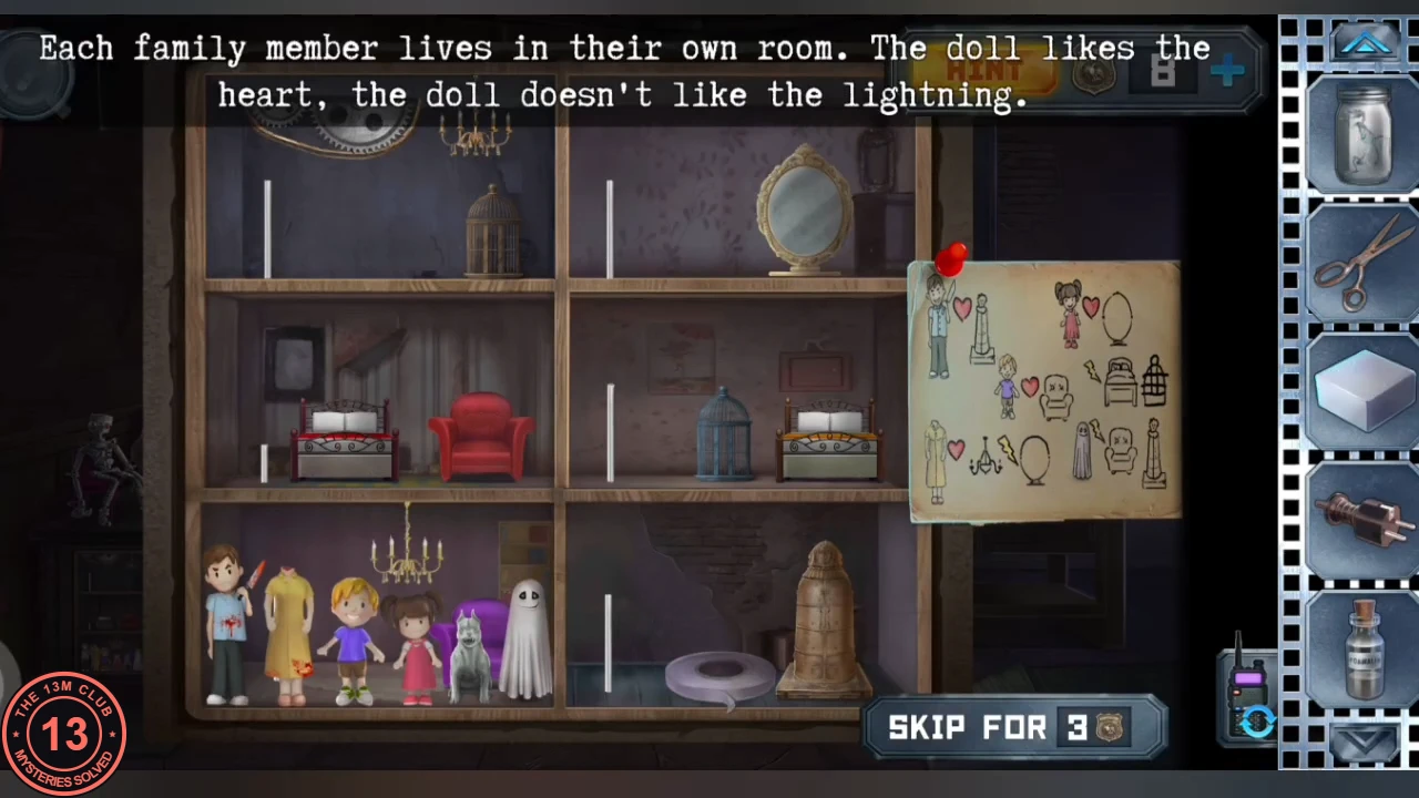 Six-room dollhouse with all six family members standing in the bottom-left room and a rules poster of likes and dislikes on the right, under the text 'Each family member lives in their own room. The doll likes the heart, the doll doesn't like the lightning.'