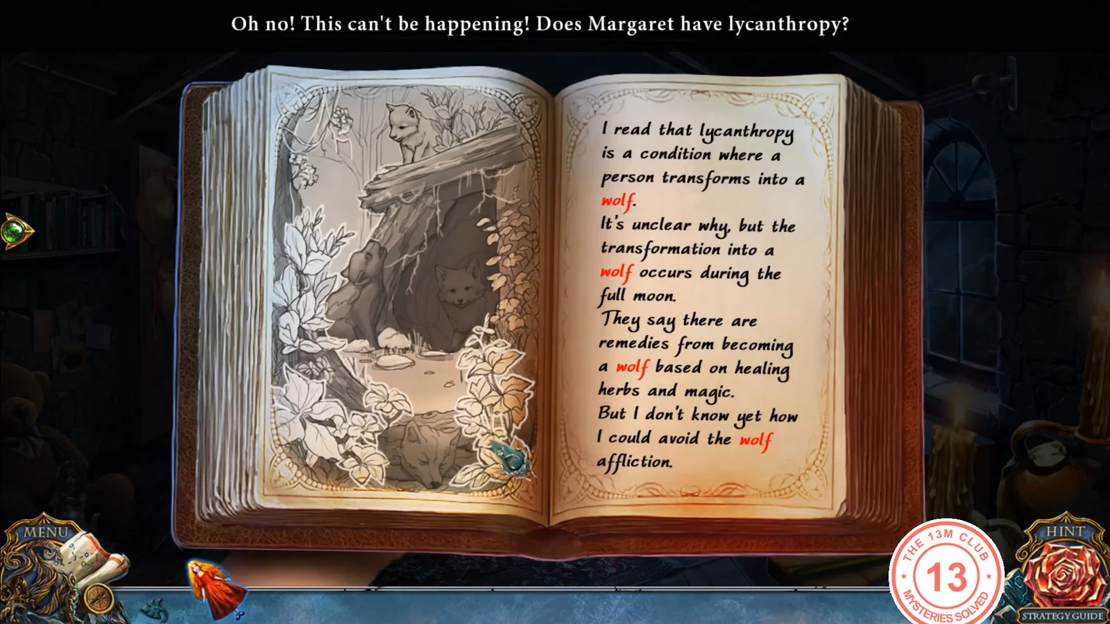 Margaret's diary open on the cave drawing page with red words to find
