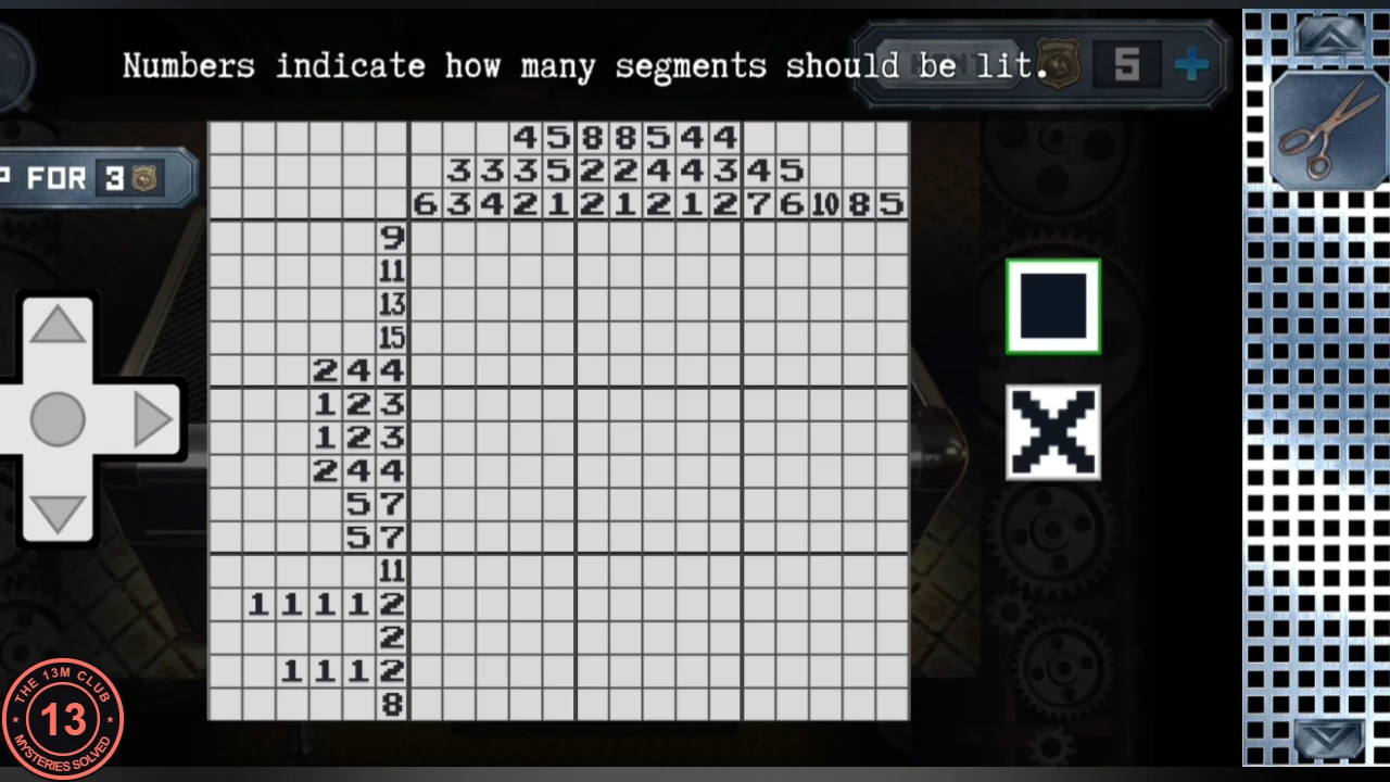 Empty 15 by 15 picture-logic grid with row clues on the left (9, 11, 13, 15, 2 4 4 ...) and column clues on top, fill and X tool buttons at the right and a direction pad at the left; instruction 'Numbers indicate how many segments should be lit.'