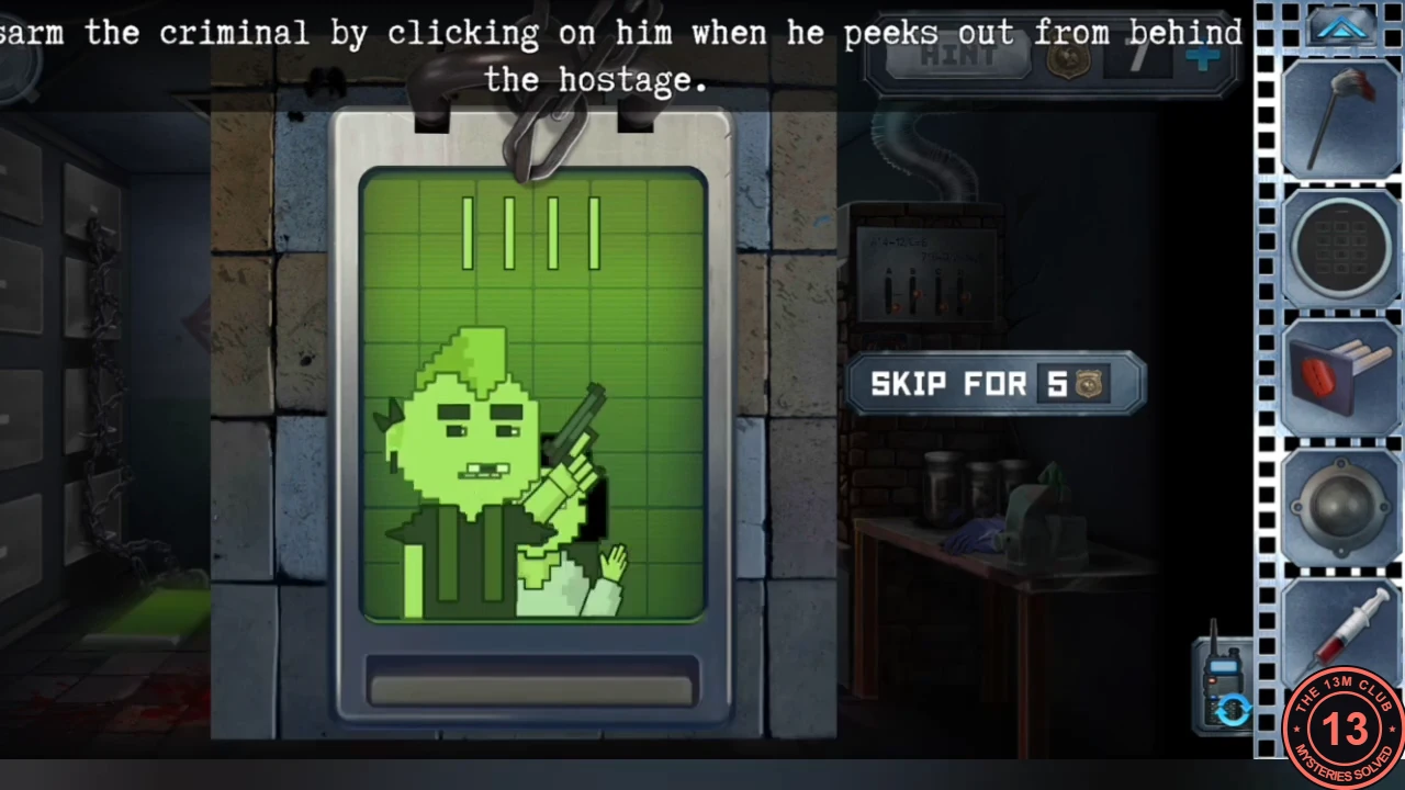 Mortuary wall screen showing a pixel-art criminal holding a gun behind a hostage, with four bars at the top and the instruction to click him when he peeks out