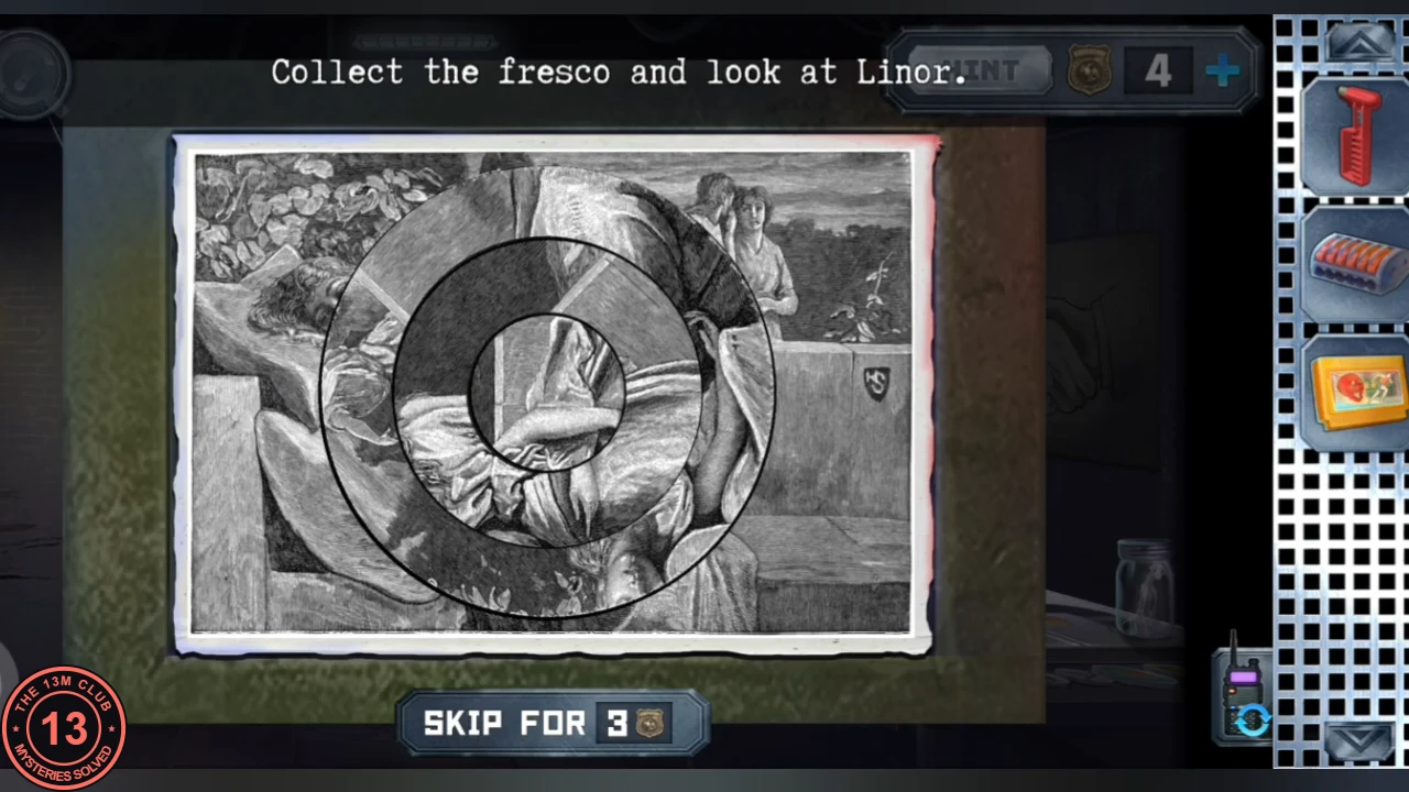 Black-and-white engraving of a reclining woman, scrambled by three concentric rotating rings, with the instruction 'Collect the fresco and look at Linor.'
