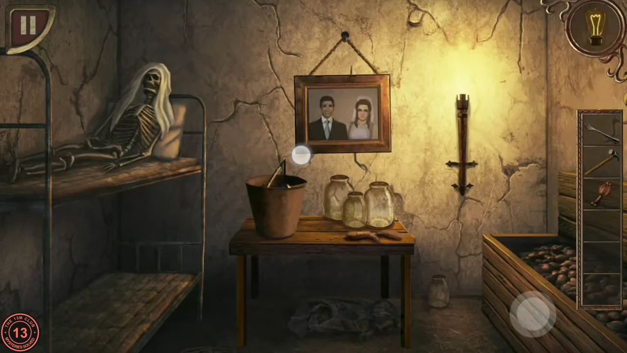 The cellar side room with bunk beds, a skeleton, a framed wedding portrait above a table with a bucket and jars, and a wall torch.