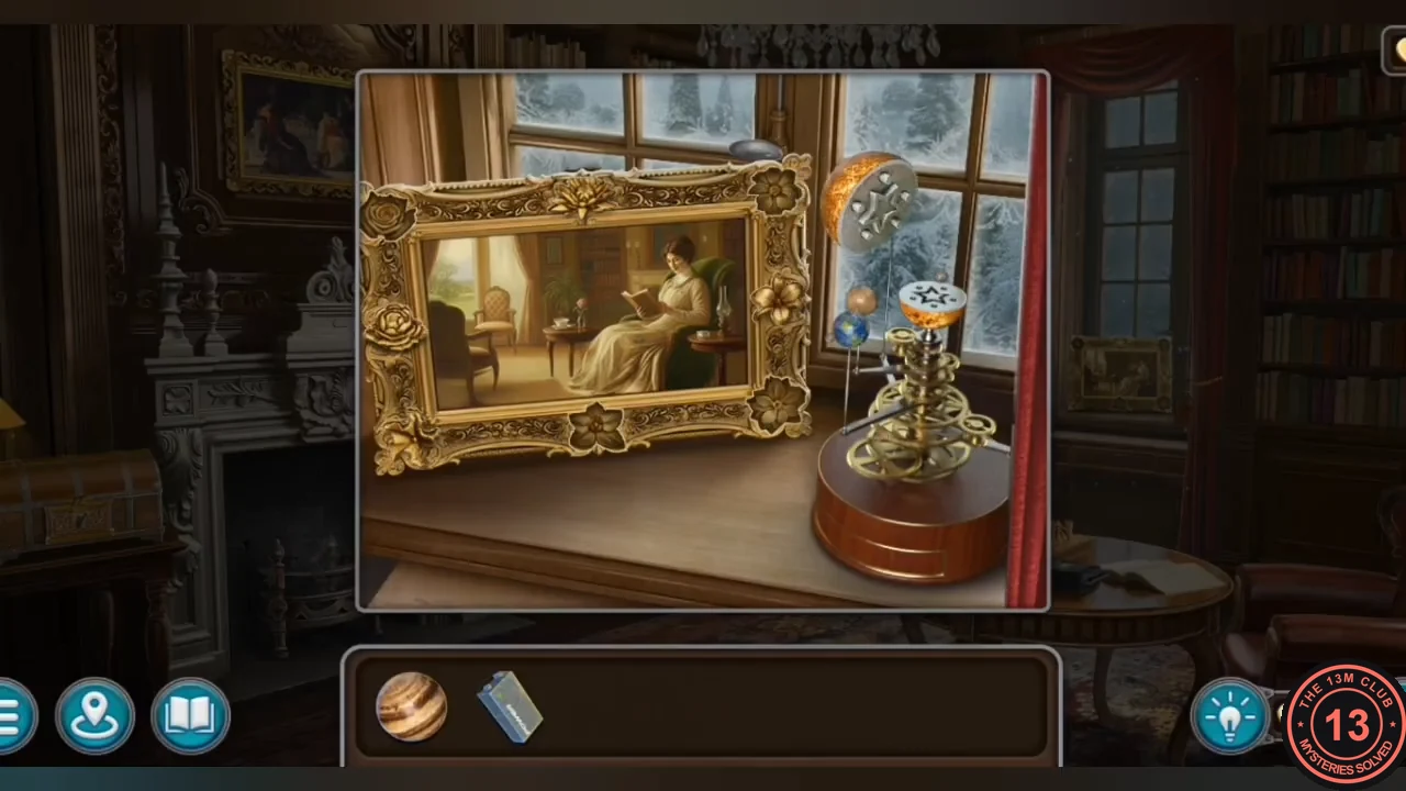 Study window with the flower-framed painting and the orrery that is missing two planets