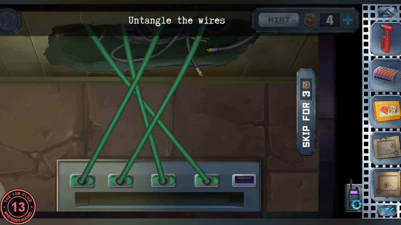 Four crossing green wires running from a hole in the workshop wall to four sockets on a metal panel, under the instruction 'Untangle the wires'.