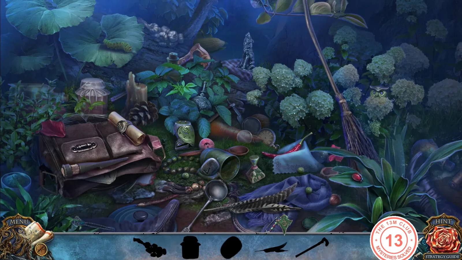 Night garden hidden-object scene with silhouettes in the bottom bar