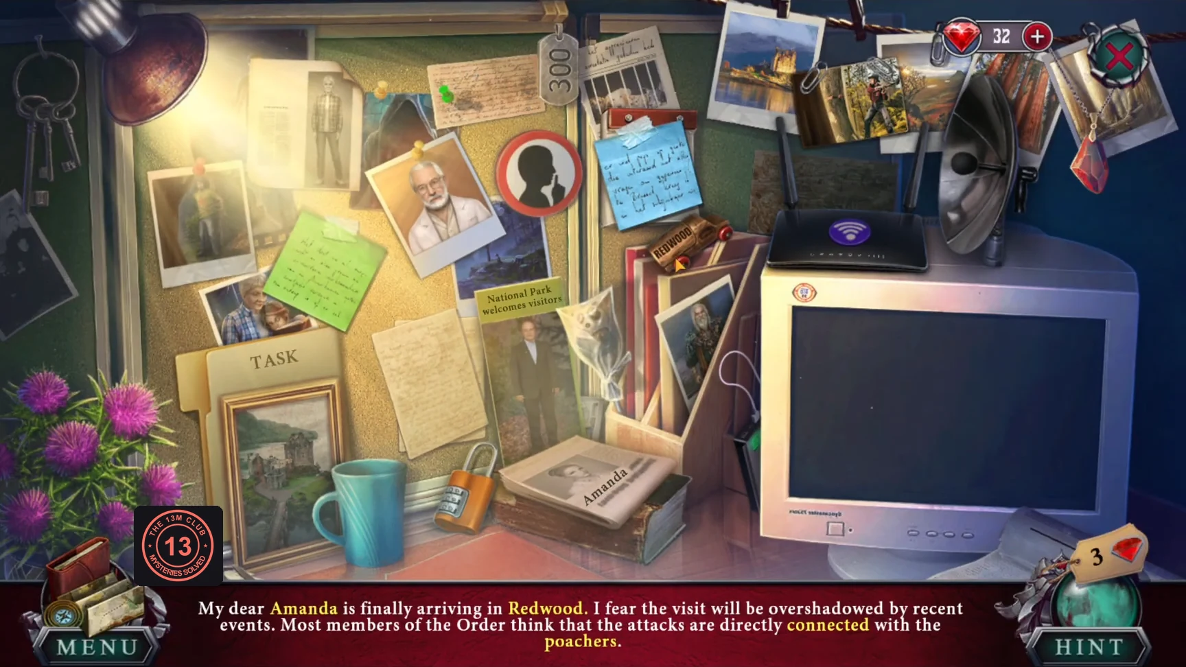 Tina's desk with the yellow note text and highlighted words at the bottom