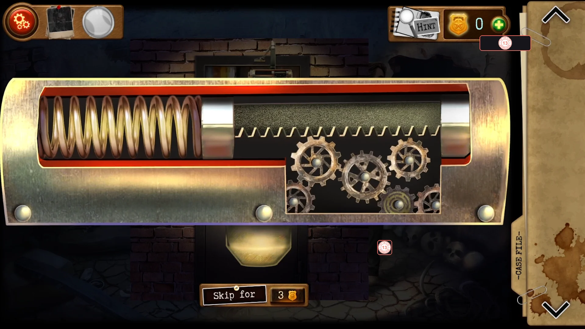 Door mechanism with the spring in the left chamber and the gears meshed in a chain up to the toothed bar