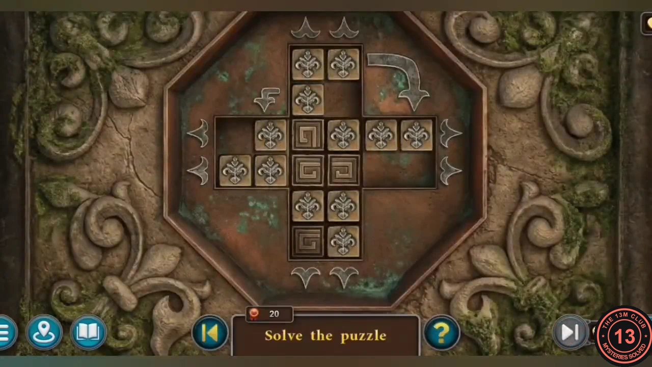 Crypt floor cross puzzle with fleur-de-lis and spiral tiles, edge arrows and curved arrows