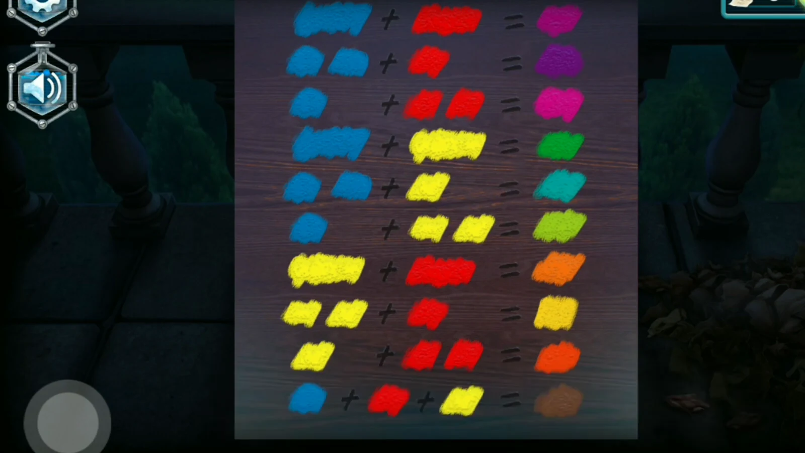 Colour-mixing chart painted on the balcony cabinet showing which smears make each colour