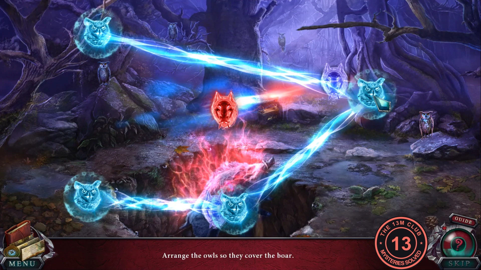 Glowing owl tokens linked by beams of light around the red boar marker