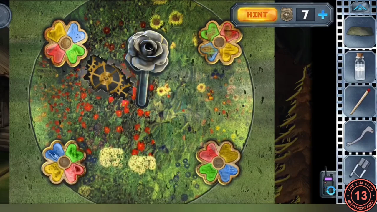 Flower lever in the second setting: top-left yellow, blue, red, green; top-right green, red, blue, yellow; bottom-left blue, green, yellow, red; bottom-right red, yellow, green, blue, with a tree fading at the right edge