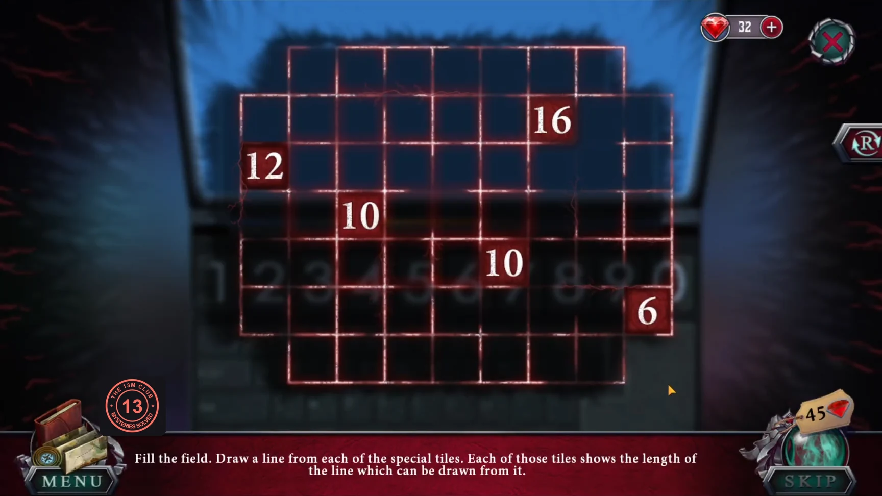 Empty line-puzzle grid on the laptop with the numbered tiles 12, 16, 10, 10 and 6