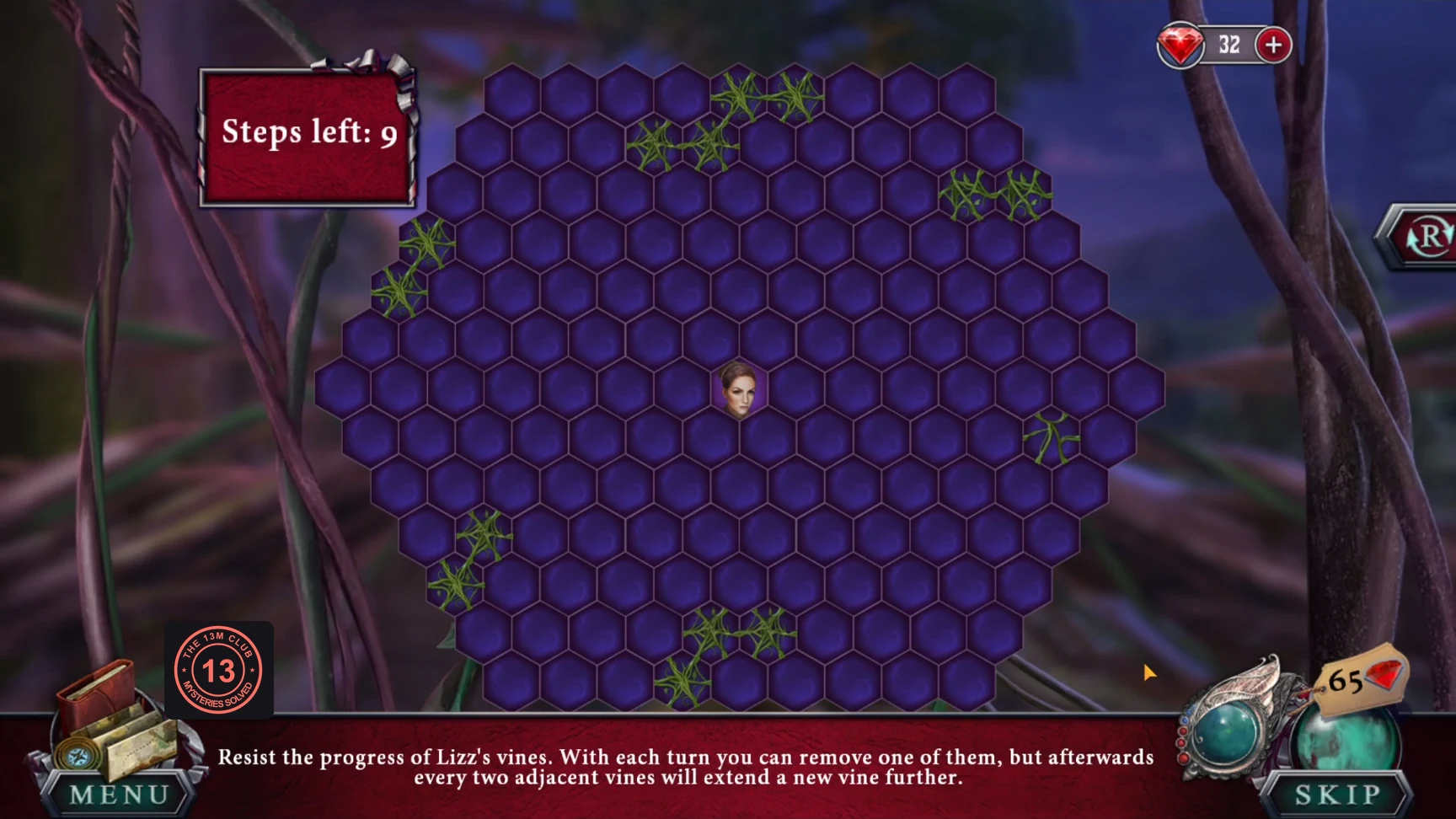 Hexagon board with Lizz's vines around Amanda in the centre and the "Steps left: 9" counter