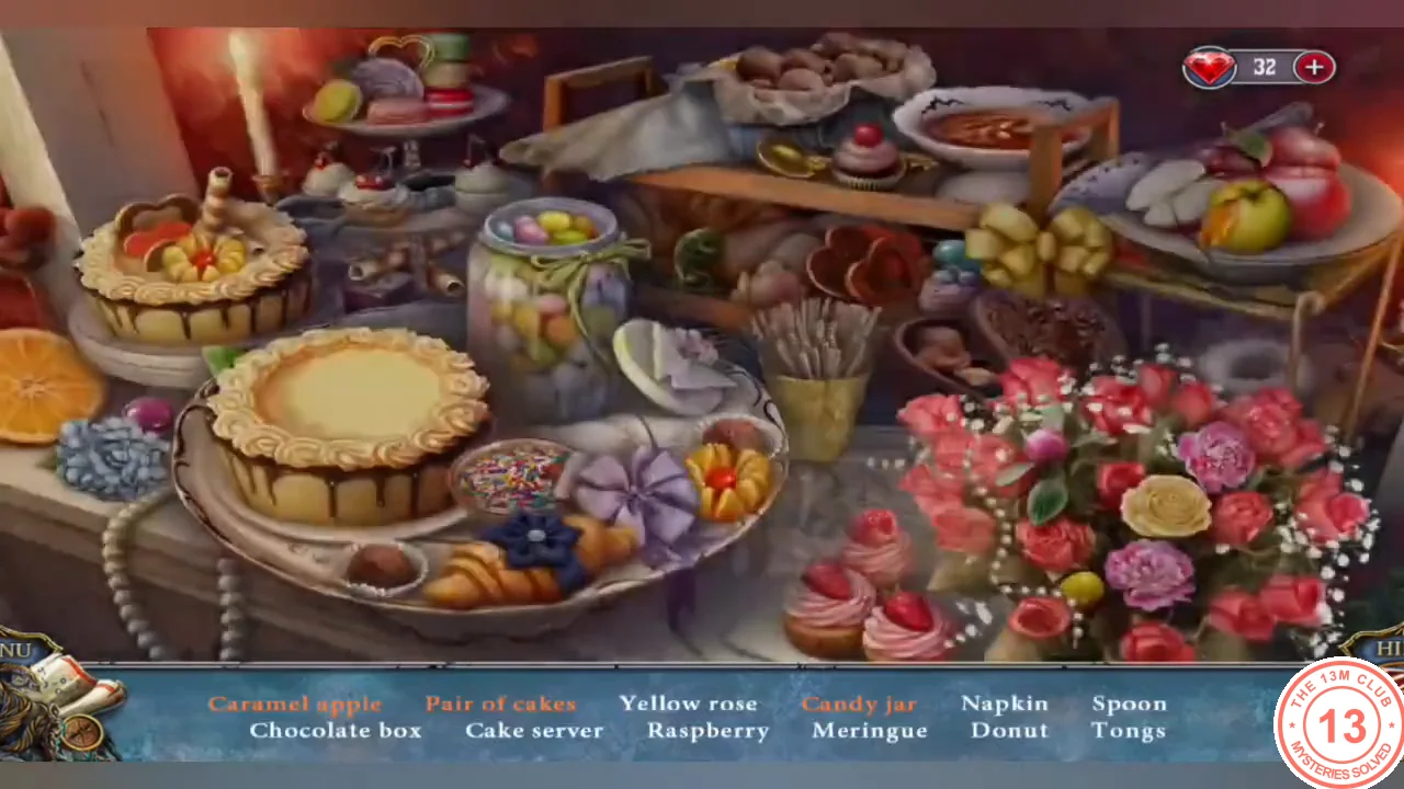 Candy bar hidden-object scene with cakes, a candy jar and roses, and the item list at the bottom
