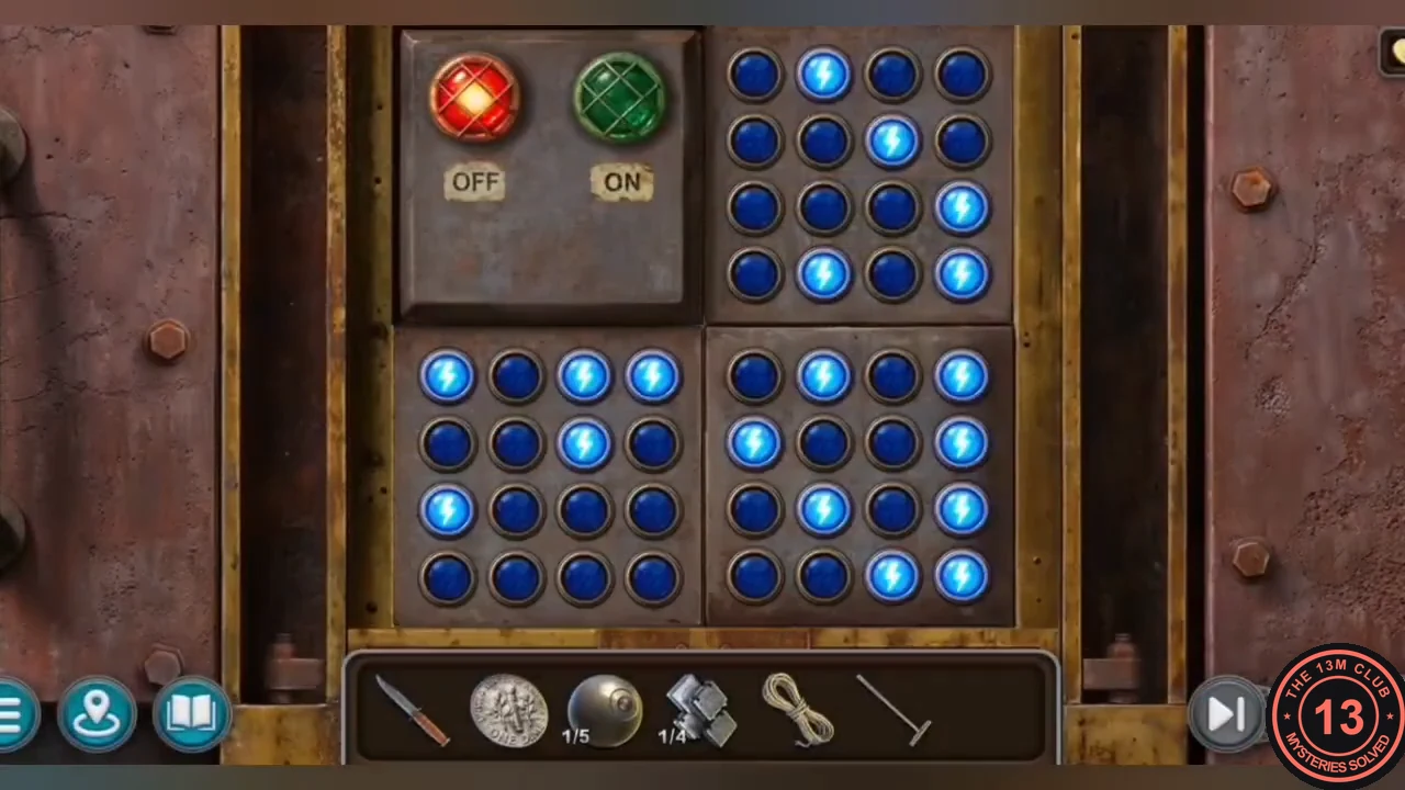 Blast door lamp puzzle at the start: three 4 by 4 lamp grids in an L shape with some lamps lit, and an OFF/ON indicator