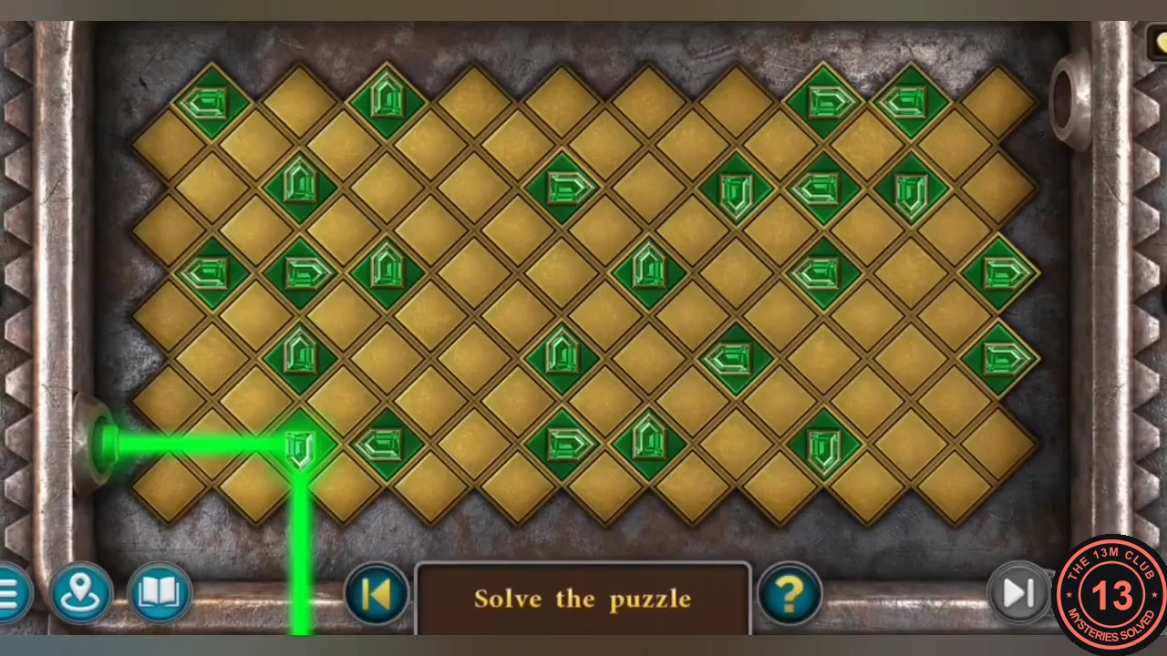 Trailer park gate beam puzzle: a diamond grid of gold tiles with green arrow tiles and a beam entering from the lower left