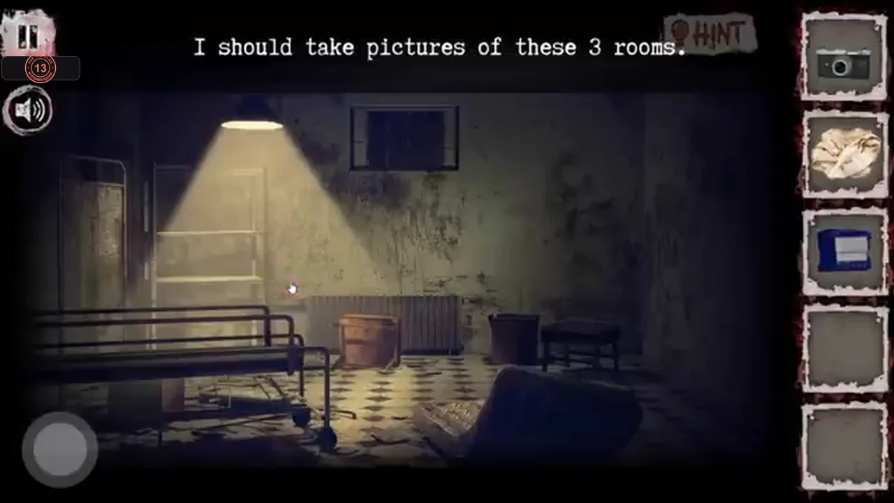 Second basement ward with beds and a caged area, with the message about taking pictures of three rooms