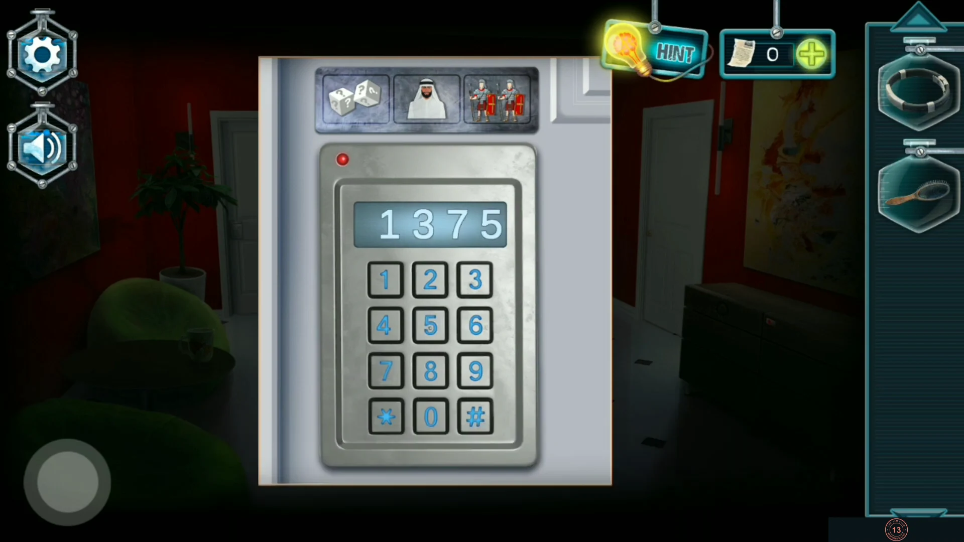 Keypad beside the left hall door with dice, Arab man and Roman soldiers pictures above it