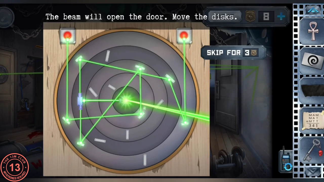 The laser disk lock solved: green beams bounce between the small mirrors on the rings and up into both top targets, which now glow red