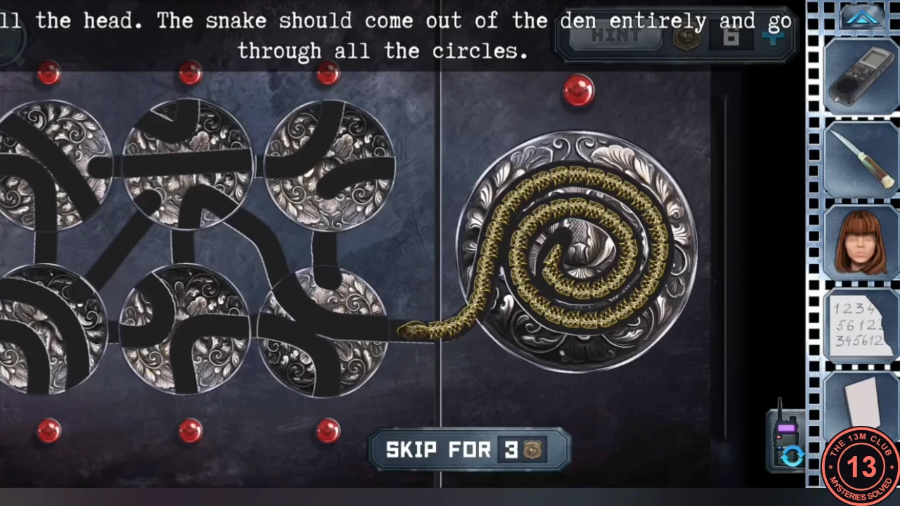 The iron maiden snake puzzle: six round engraved discs with black path segments on the left and the snake coiled in its round den on the right, red lights unlit; instruction about the snake leaving the den and going through all circles