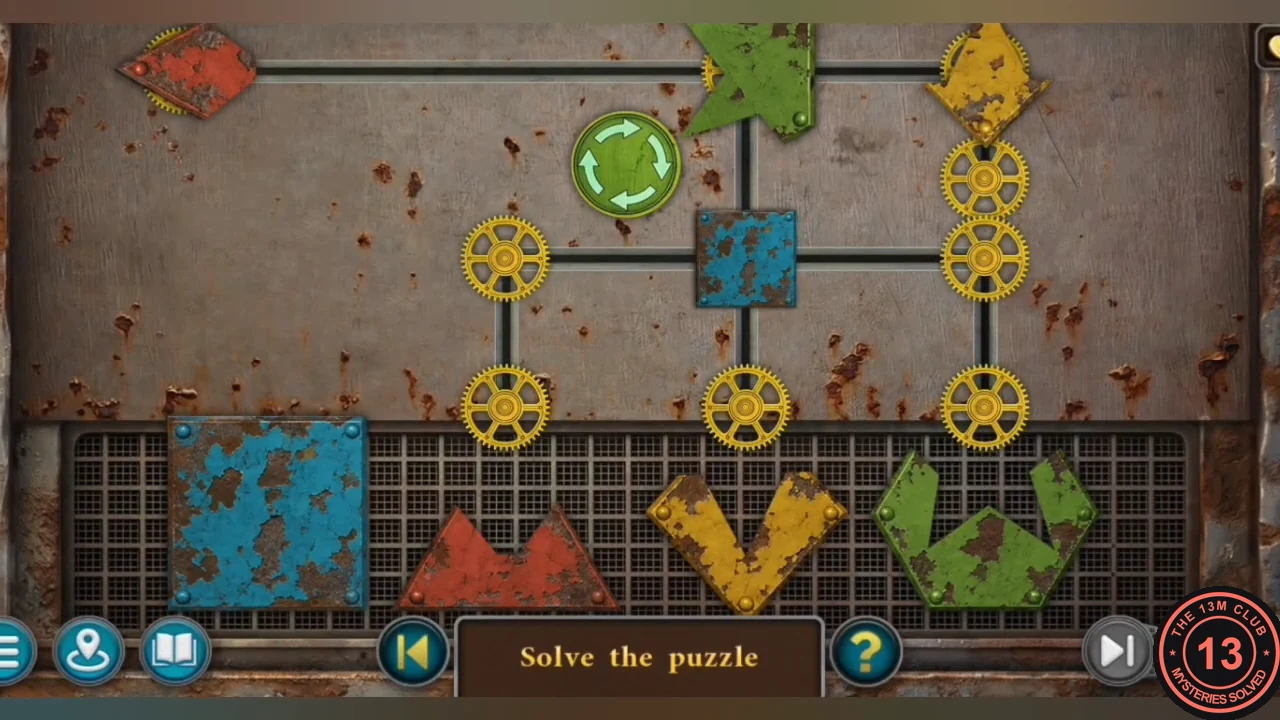 Mossy crate puzzle: rusty red, yellow, green and blue pieces on gear nodes joined by tracks above four incomplete bottom shapes