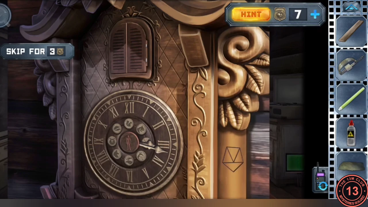 Cabin cuckoo clock with Roman numerals, closed shutters above, and a ring of eight animal tokens around a human figure in the centre of the face