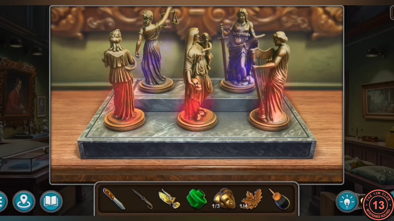 Five statues glowing after being turned to match the sketch: front-left and back-left seen from behind, front-centre and front-right facing left, back-right facing the viewer