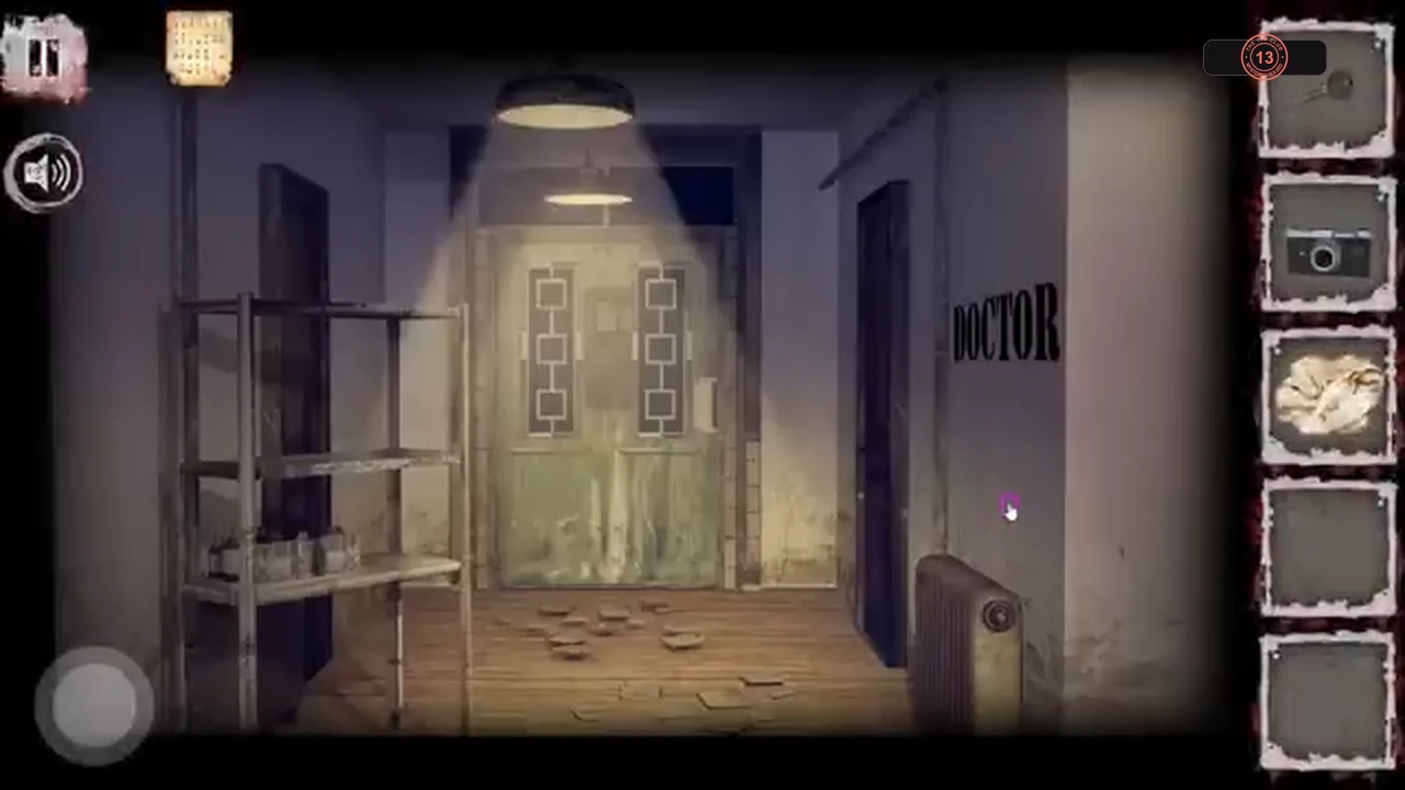 End of the hall with green double doors and the door marked DOCTOR on the right