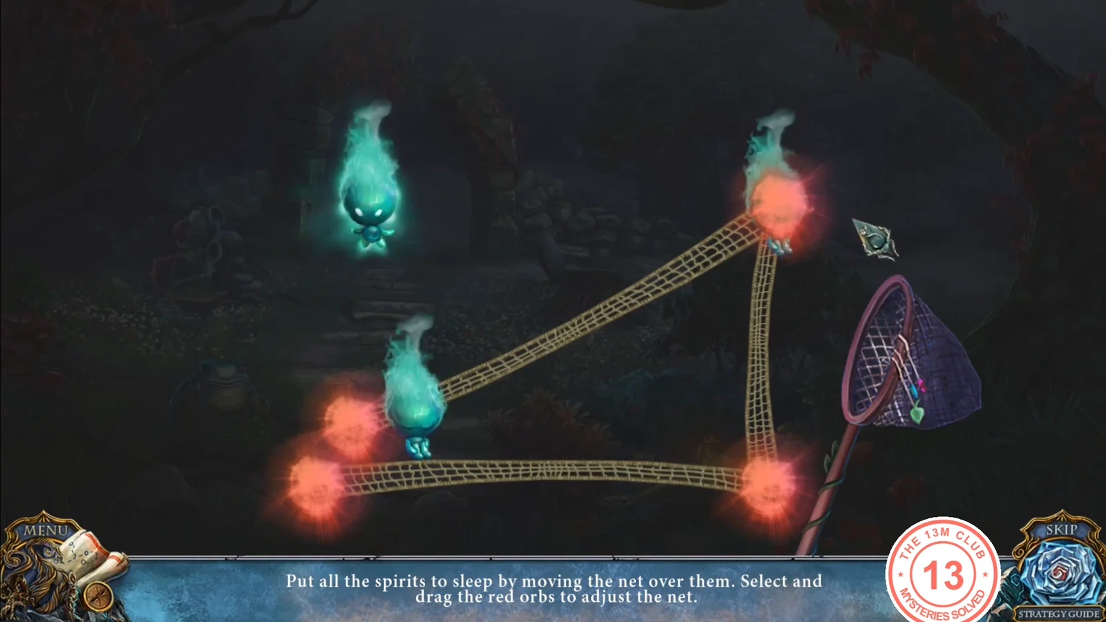 Glowing spirits in the dark with a net stretched between four red orbs