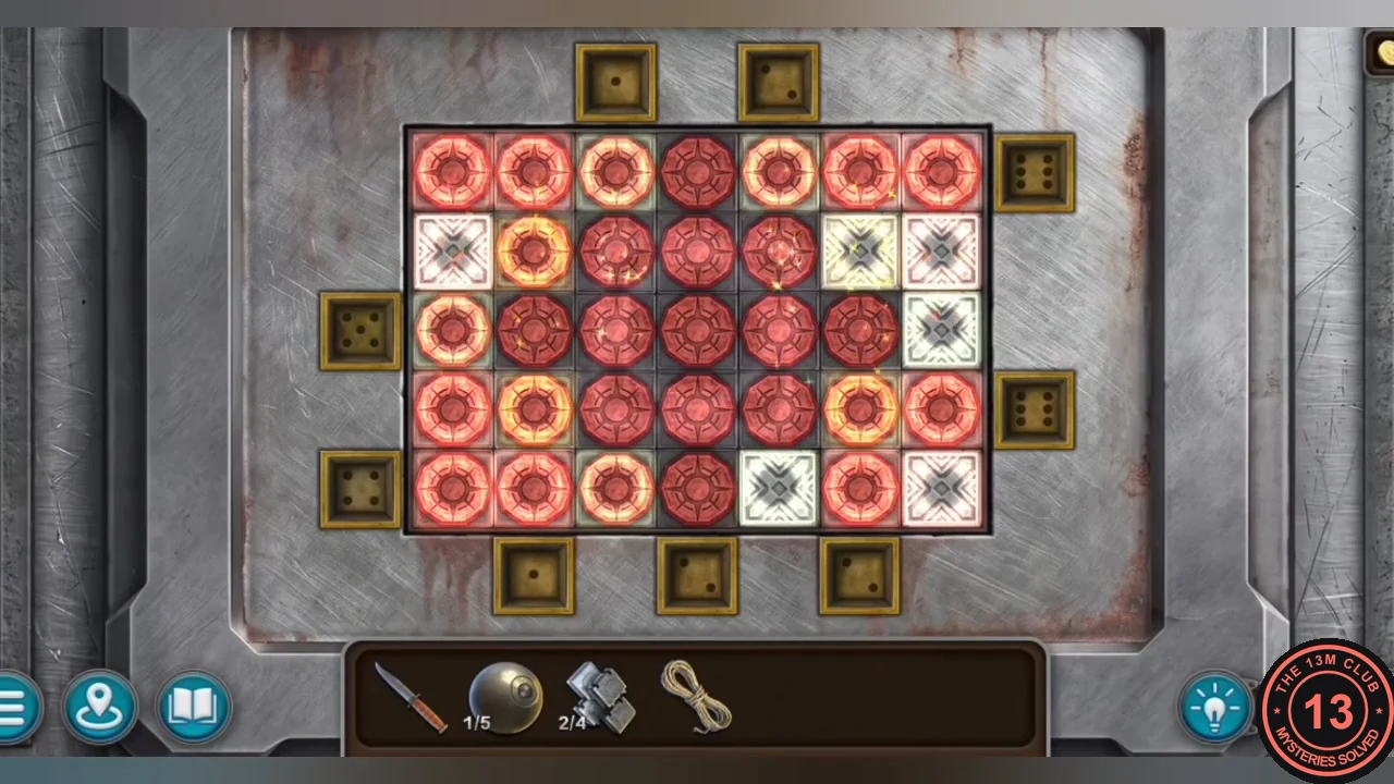 Solved dice puzzle with all 29 open cells filled by red tokens and the six X cells empty