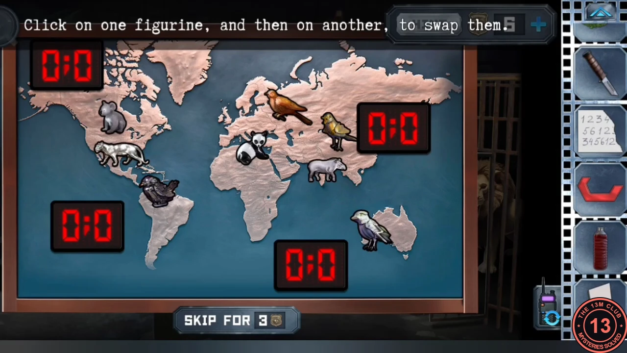 The zoo world map with animal figurines on the wrong continents and four red score boards reading 0:0; instruction 'Click on one figurine, and then on another, to swap them'