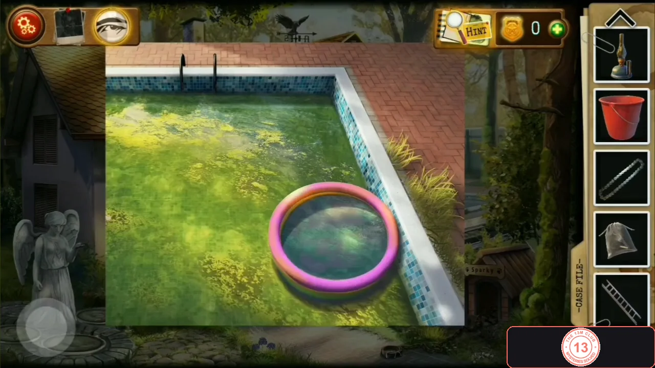Overgrown swimming pool with an inflatable paddling pool full of water in it