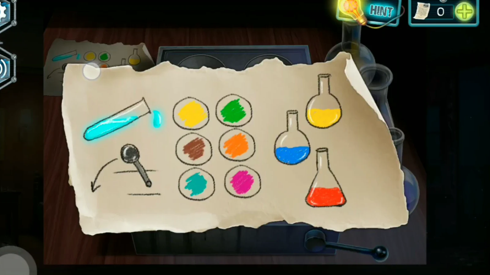 Paper recipe with six coloured circles, three flasks and a test tube