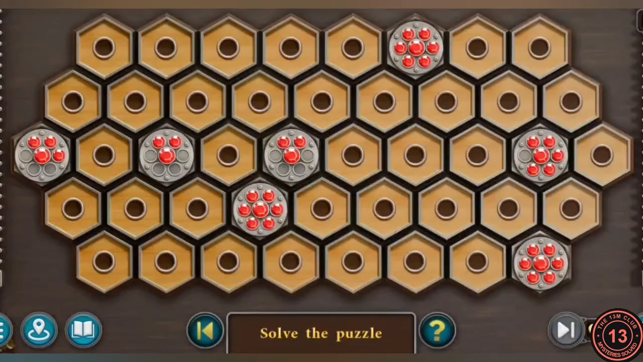 Hexagonal rope puzzle with silver nodes carrying red studs among empty holes