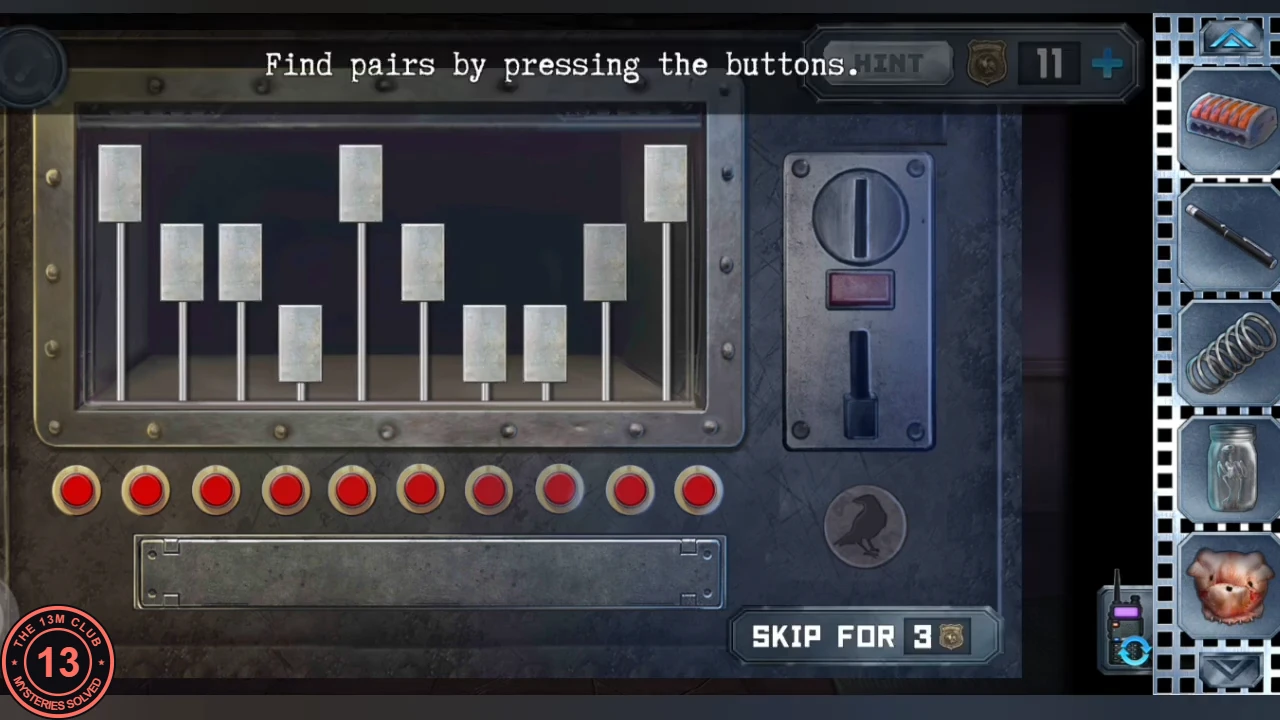Corridor terminal with ten pistons at different heights above ten red buttons and a coin slot on the right, under the text 'Find pairs by pressing the buttons.'
