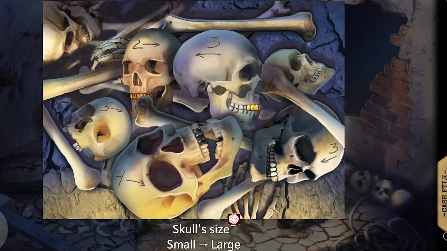 Pile of skulls with numbers and arrows drawn on them: 5 right, 2 right, 3 left, 3 left and 4 right, and the text Skull's size Small to Large