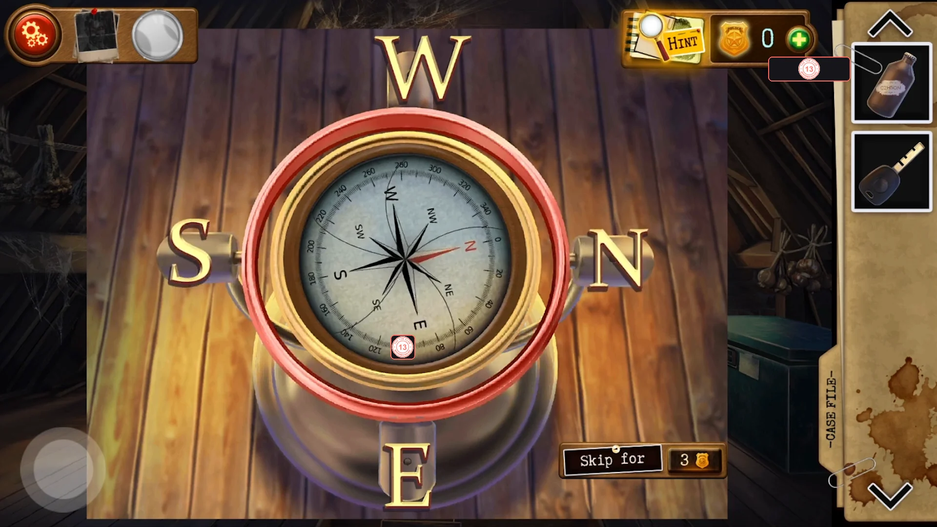 The same compass with W at the top, N on the right, E at the bottom and S on the left