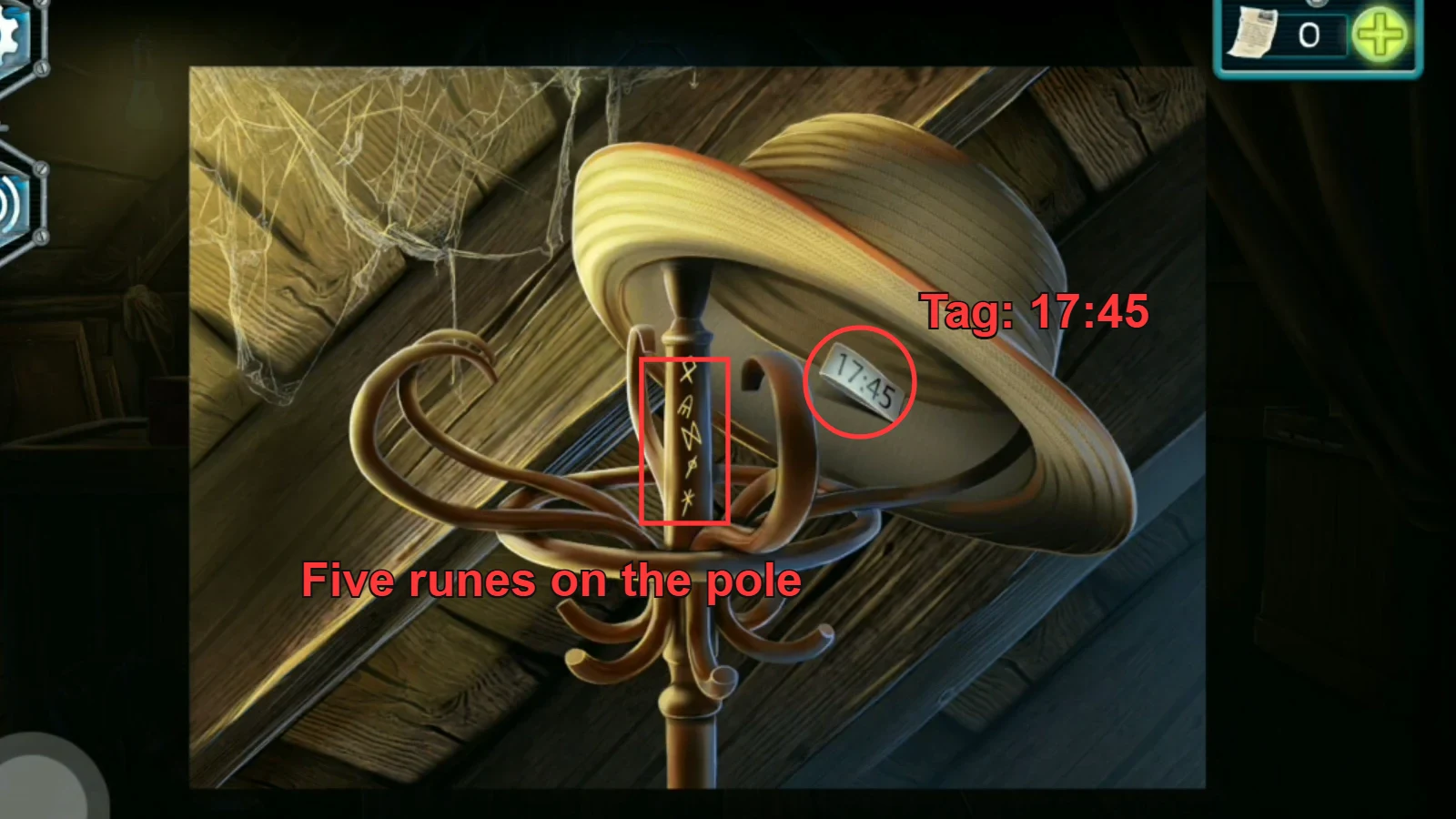 Coat rack with the straw hat lifted, the 17:45 tag circled and the five runes on the pole outlined
