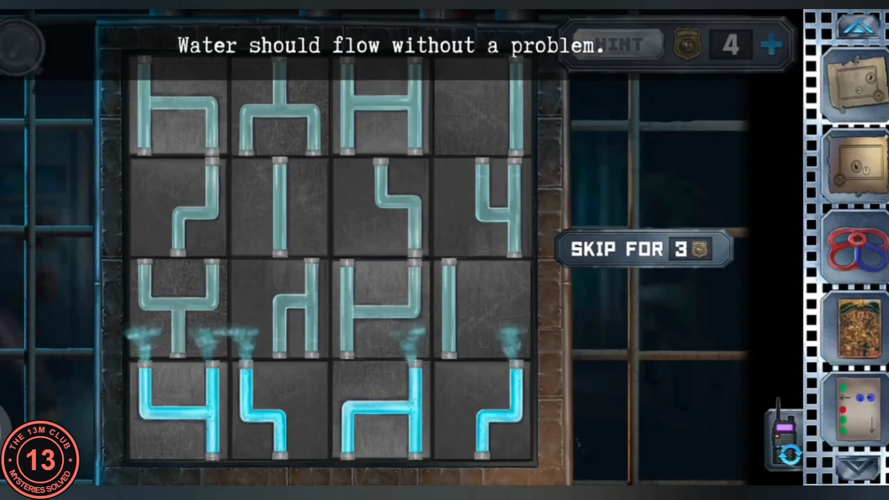 Four-by-four sliding tile grid of pipe pieces on the barred window, water spraying from the bottom row, instruction 'Water should flow without a problem.'