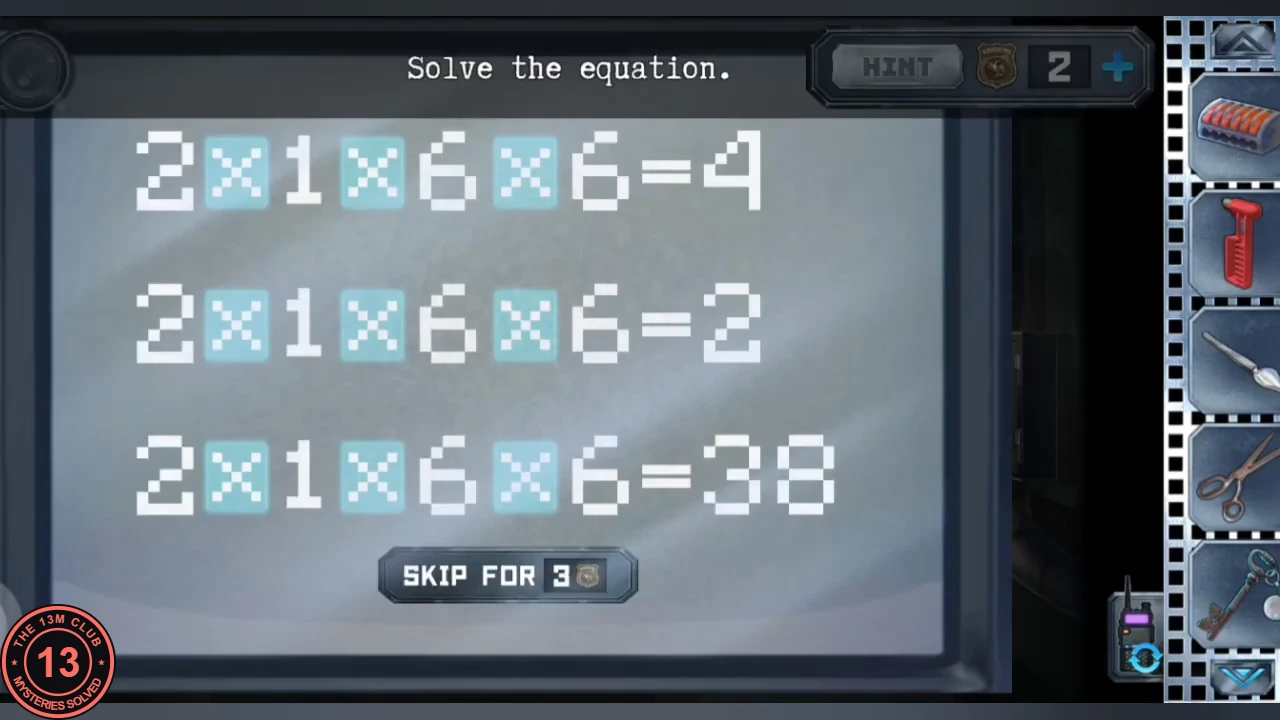 Laboratory television showing three pixel equations 2 x 1 x 6 x 6 = 4, = 2 and = 38 with tappable operator boxes, instruction 'Solve the equation.'