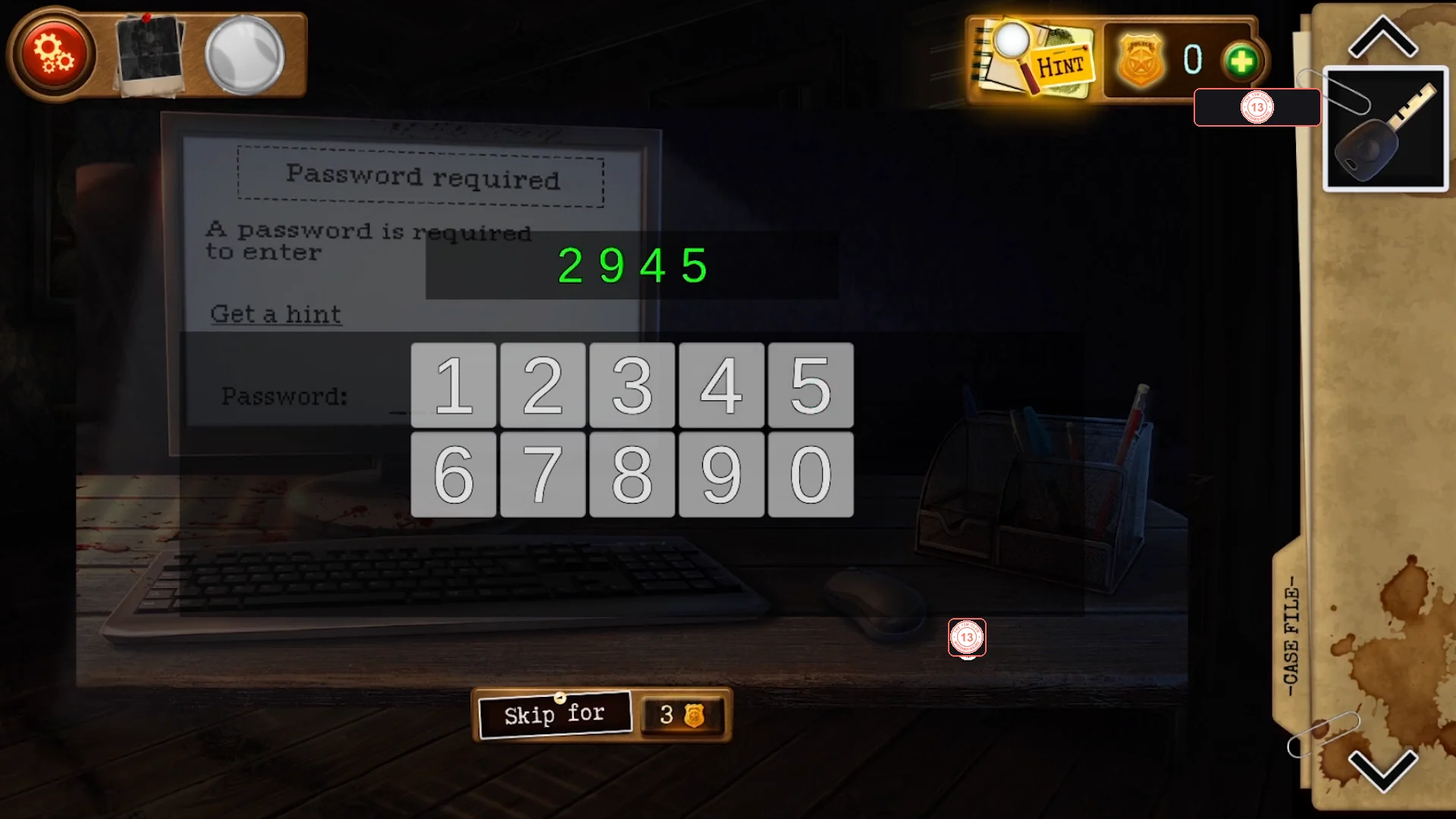 Computer password screen with the number keypad and 2945 entered