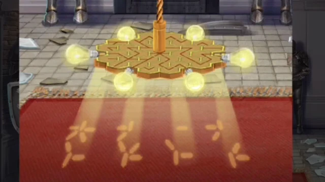 The lowered golden chandelier with six lit bulbs casting four shapes of light onto the red museum carpet