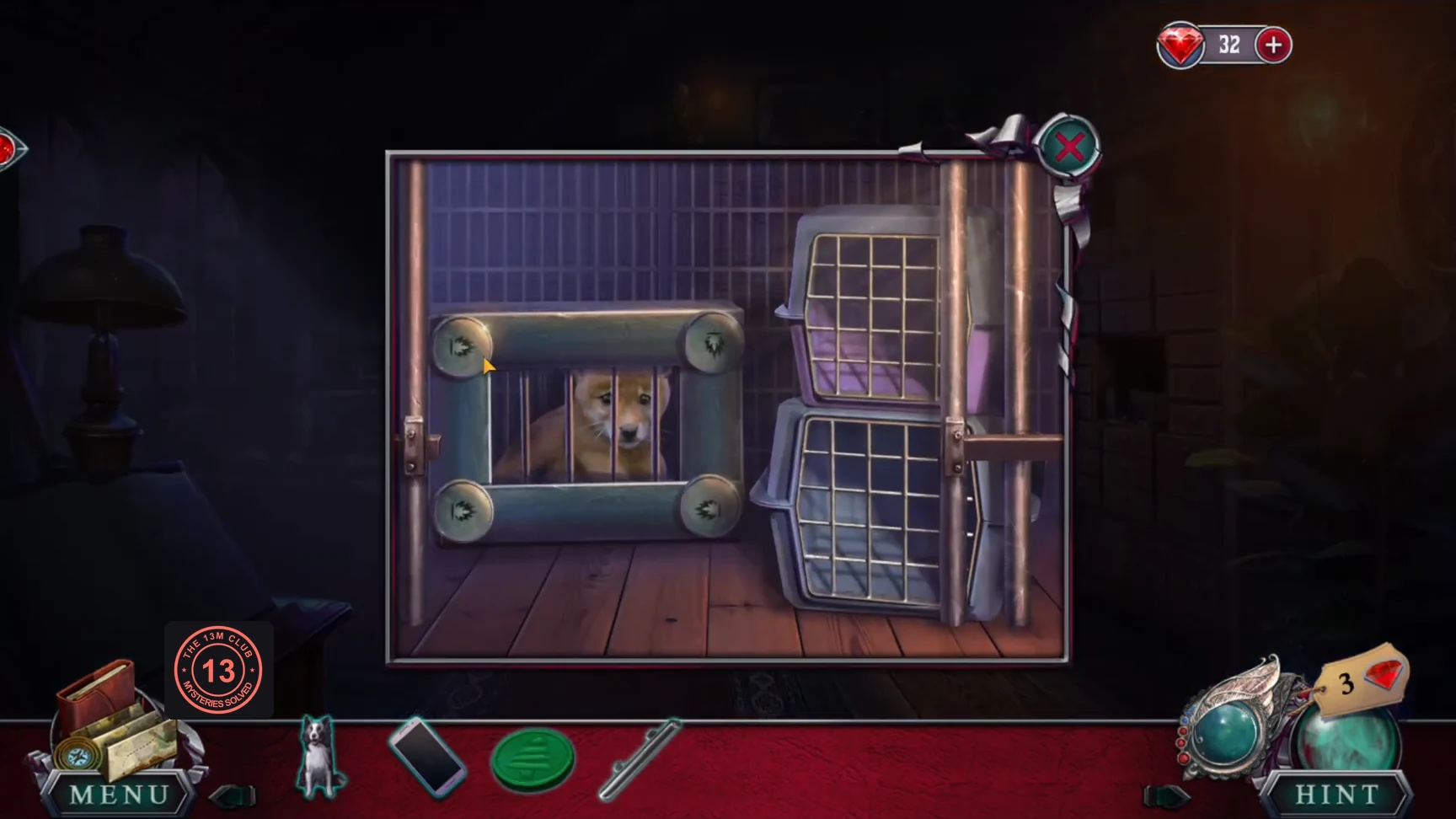 Pet carrier in the aviary cage with the coyote pup inside and token sockets in its corners