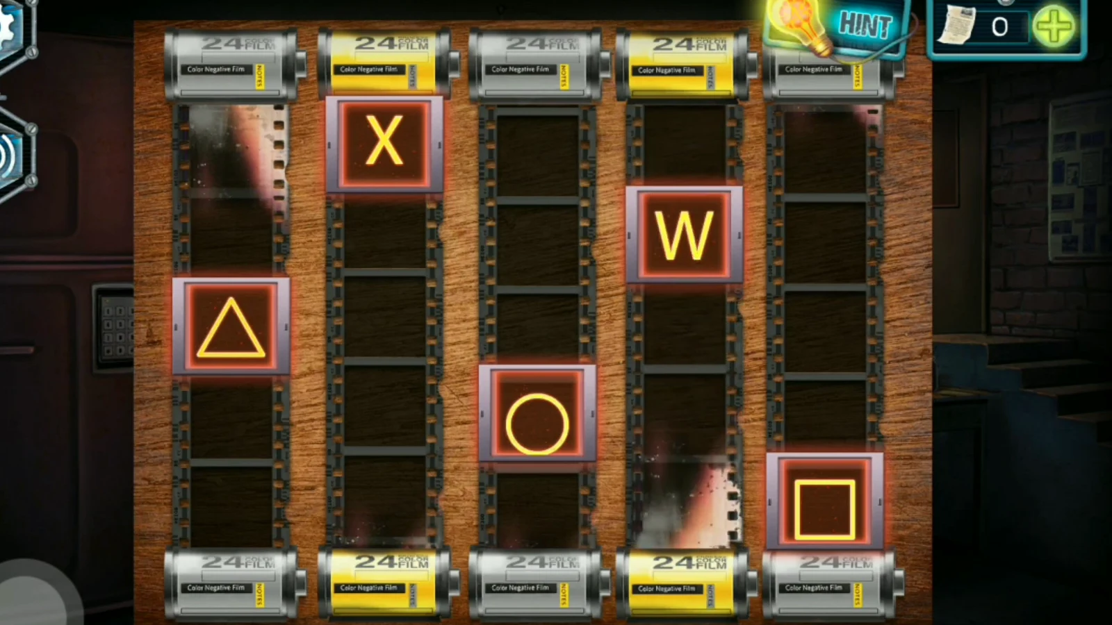 Five film strips with X, W, triangle, O and square each in its own row from top to bottom
