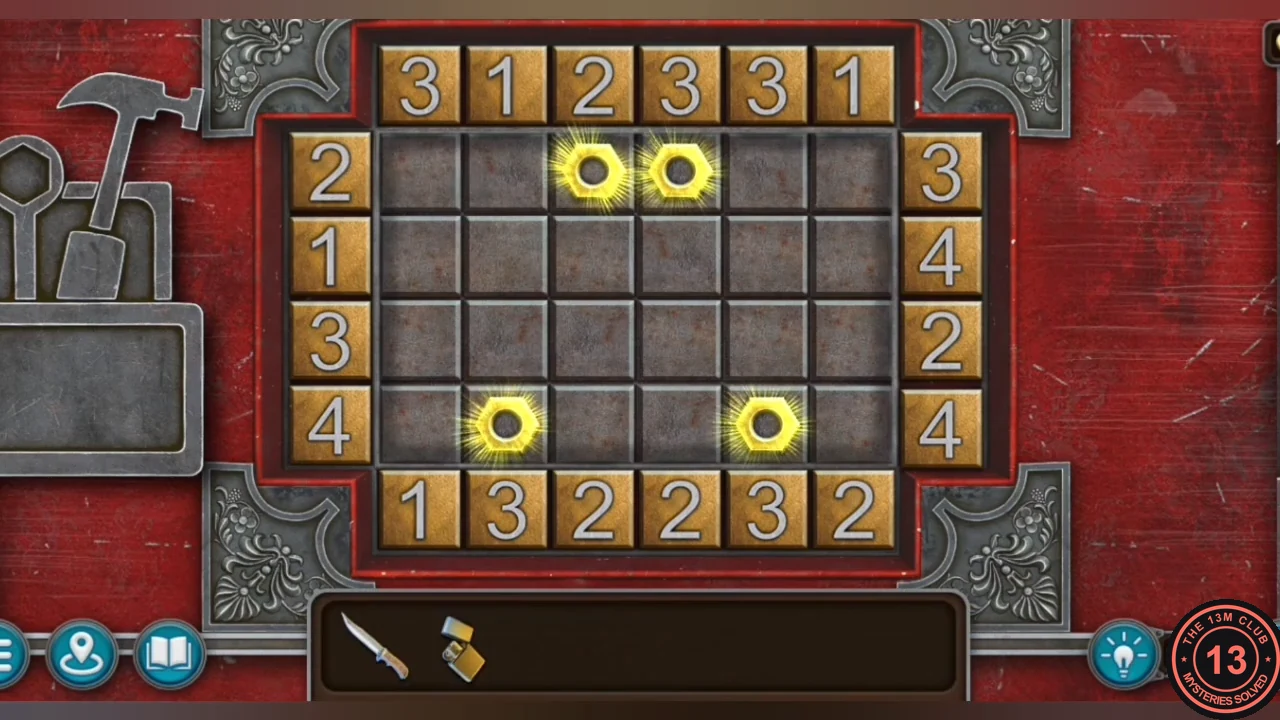 Solved nut puzzle with the four glowing nuts on row 1 squares 3 and 4 and row 4 squares 2 and 5