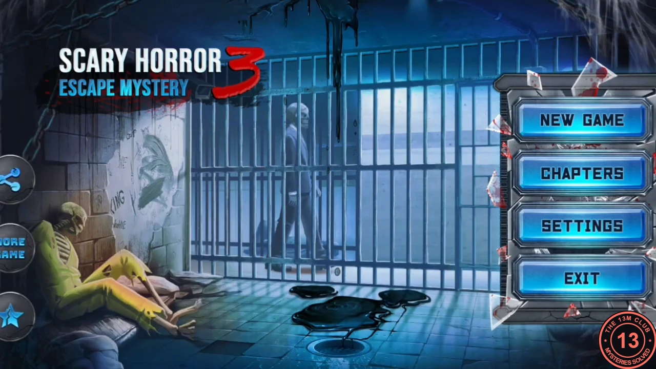 Scary Horror 3 Escape Mystery main menu with New Game, Chapters, Settings and Exit buttons beside a prison cell with a skeleton