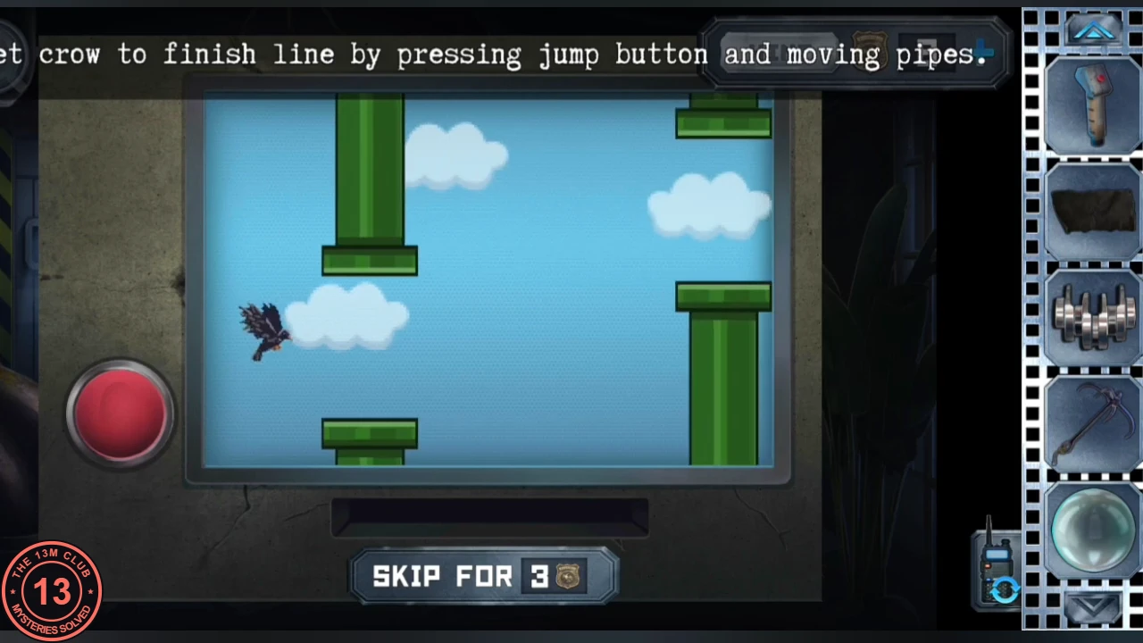 Pixel crow game on the office monitor: a crow at the left, green pipe pairs with gaps, a big red jump button at the left, instruction '...crow to finish line by pressing jump button and moving pipes.'