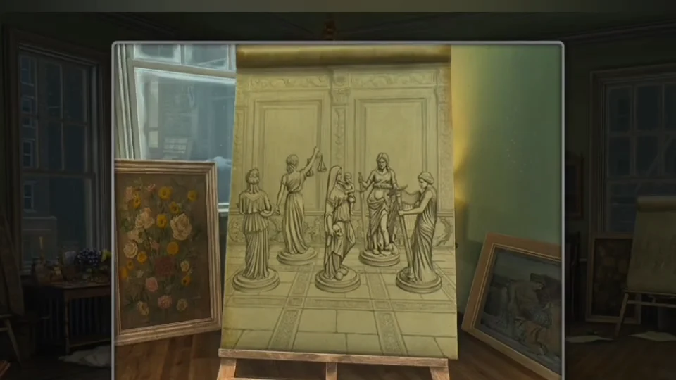 Sketch of five statues revealed behind the portrait canvas, showing which way each statue faces