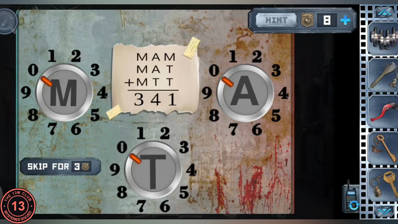 Crypt wall panel with three dials labelled M, A and T, each numbered 0 to 9 with an orange pointer at 0, and the note 'MAM + MAT + MTT = 341' taped between them